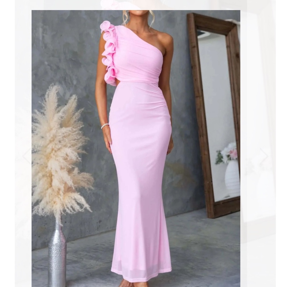 LINEN ONE-SHOULDER FLORAL TRIM SLEEVELESS MAXI DRESS